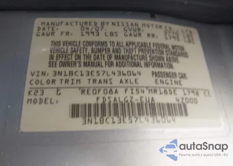 2007 Nissan Versa 1.8Sl from USA, damaged, VIN 3N1BC13E57L436064